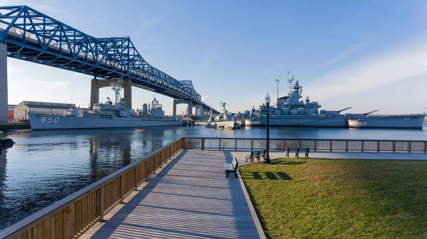 Fall River waterfront on the Taunton River with the Braga Bridge and Battleship Cove, Fall River, Massachusetts