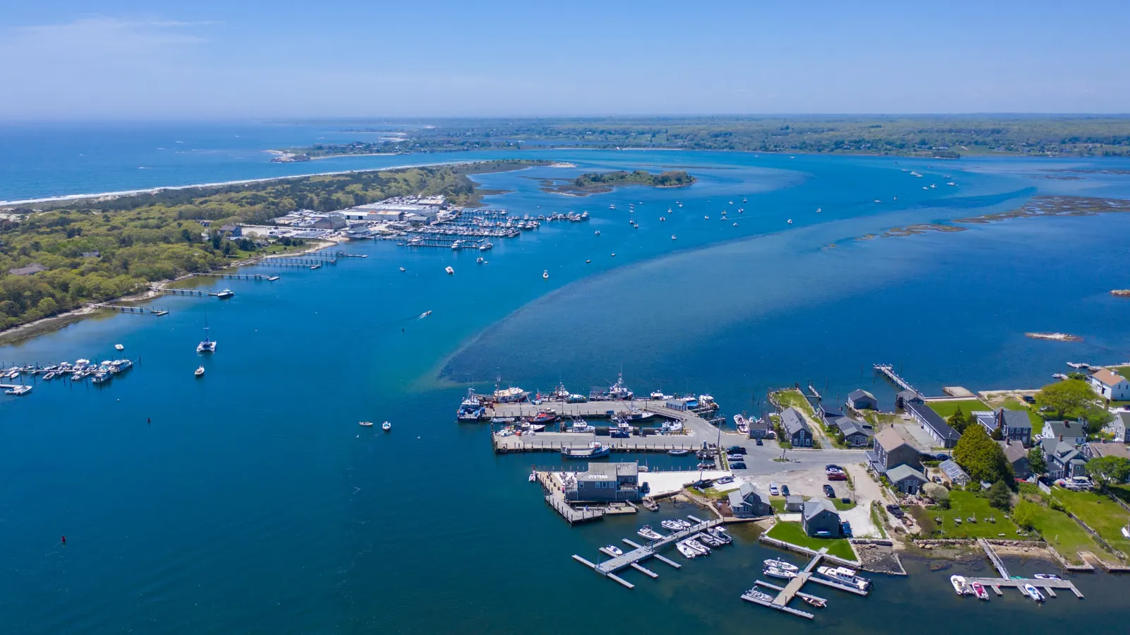 Aerial view of Westport Point harbor and the Westport River, SouthCoast Massachusetts